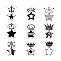 doodle d'étoiles couronnées dessinées à la main, couronne de roi et de reine sur le coeur, croquis vecteur libre de couronnes d'amour