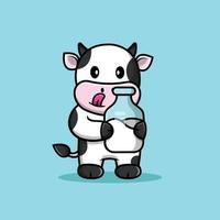 vache mignonne tenant une illustration d'icône de vecteur de dessin animé de bouteille de lait. concept d'icône de boisson animale isolé vecteur premium. style de dessin animé plat