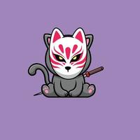 chat kitsune mignon avec illustration d'icône de vecteur de dessin animé katana. concept d'icône animale isolé vecteur premium. style de dessin animé plat