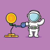 astronaute mignon arrosant l'illustration d'icône de vecteur de dessin animé de plante de bitcoin. science finance icône concept isolé vecteur premium. style de dessin animé plat