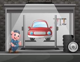 dessin animé un cochon mécanicien dans le garage de réparation automobile vecteur