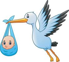 dessin animé mignon une cigogne volant avec bébé garçon