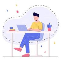 notion de lieu de travail. homme assis sur une chaise et travaillant avec un ordinateur portable à la table. illustration moderne dans un style plat avec contour. vecteur