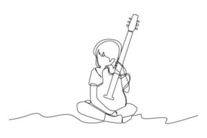 dessin en ligne continue simple d'un enfant tenant une guitare - illustration vectorielle moderne de dessin à une ligne vecteur