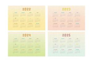 Calendrier 2022 2023 2024 2025 avec un joli design enfantin multicolore vecteur