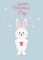 carte de voeux joyeuse saint valentin avec lapin mignon. le lapin blanc tient le coeur d'amour. vecteur