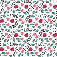 joli motif sans couture avec fraise, coeurs, mot amour et feuilles. impression festive, décoration de la saint-valentin pour papier d'emballage, textile et design. illustration vectorielle plate vecteur