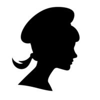 silhouette de une femme avec une béret et une queue de cheval contre une plaine Contexte vecteur