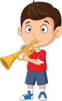 dessin animé petit garçon soufflant dans une trompette vecteur