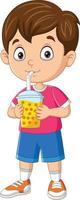 dessin animé petit garçon boit du thé au lait à bulles vecteur