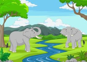 dessin animé deux éléphants dans la jungle vecteur