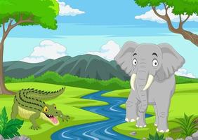 alligator de dessin animé avec éléphant dans la jungle vecteur