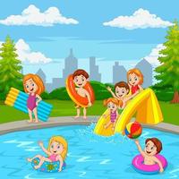 dessin animé famille heureuse jouant dans la piscine vecteur