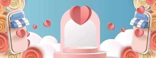 Fond de produit rouge podium 3D pour valentine.pink et coeur amour romance concept design vecteur illustation décoration bannière