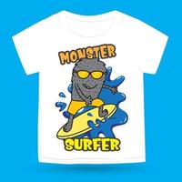 monstre surfeur dessiné à la main pour t-shirt vecteur