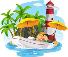 phare sur l'île avec des enfants en bateau à moteur vecteur