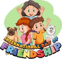 logo de la journée internationale de l'amitié avec des enfants et des chiens mignons vecteur