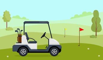 voiturette de golf sur un champ vert avec de l'herbe, des arbres et des drapeaux vecteur