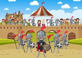 scène médiévale avec personnage royal et chevaliers en armure vecteur
