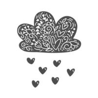 nuage de vecteur avec pluie de coeurs dans un style scandinave de dessin animé pour les enfants. jolie illustration dessinée à la main de la saint-valentin pour affiches, estampes, cartes, tissus, livres pour enfants, design d'intérieur