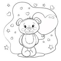 adorable ours en peluche avec un ballon en forme de cœur. ours en peluche sur un fond blanc avec des coeurs. illustration vectorielle - livre de coloriage pour la Saint-Valentin ou son anniversaire. vecteur