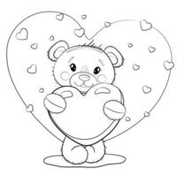 ours en peluche aux contours mignons avec une oreille dans ses pattes. ours en peluche sur un fond blanc avec des coeurs. illustration de page de coloriage de vecteur pour la saint-valentin ou l'anniversaire.