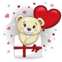 adorable ours en peluche avec un ballon rouge en forme de cœur et un cadeau. ours en peluche sur un fond gris avec des coeurs. illustration de dessin animé de vecteur pour la saint valentin ou l'anniversaire.