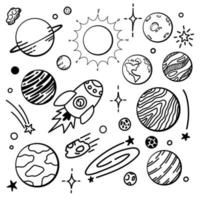 ensemble d'éléments de planète et d'espace doodle dessinés à la main à main levée. vecteur haut de gamme.