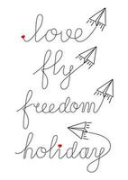 calligraphie de doodle d'écriture à la main de la saint-valentin dessinée à la main à main levée avec ensemble d'avion en papier. vecteur haut de gamme.