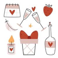 ensemble d'illustrations vectorielles pour la saint-valentin. coeurs, cadeaux, champagne, verres, stylo, bougie, calendrier. illustration plate, linéaire et minimaliste. vecteur