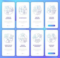 bon support client ensemble d'écrans d'application mobile d'intégration de dégradé bleu. pas à pas en 5 étapes pages d'instructions graphiques avec des concepts linéaires. ui, ux, modèle d'interface graphique. myriade de polices pro-gras régulières utilisées vecteur