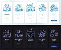 types d'outils commerciaux écran d'application mobile d'intégration en mode nuit et jour. pas à pas en 5 étapes pages d'instructions graphiques avec des concepts linéaires. ui, ux, modèle d'interface graphique. une myriade de polices pro-gras régulières utilisées vecteur