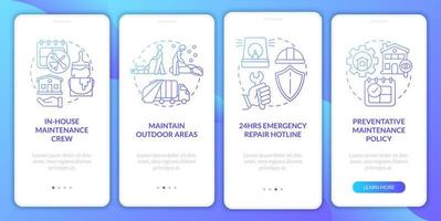 écran d'application mobile d'intégration de dégradé bleu de maintenance. pas à pas de service pages d'instructions graphiques en 4 étapes avec des concepts linéaires. ui, ux, modèle d'interface graphique. myriade de polices pro-gras régulières utilisées vecteur