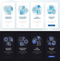 types de budgétisation écran d'application mobile d'intégration en mode nuit et jour. pas à pas en 4 étapes pages d'instructions graphiques avec des concepts linéaires. ui, ux, modèle d'interface graphique. myriade de polices pro-gras régulières utilisées vecteur