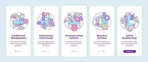 avantages de l'écran de la page de l'application mobile d'intégration de l'entrepreneuriat social. instructions graphiques en 5 étapes avec concepts. modèle vectoriel ui, ux, gui avec illustrations couleur linéaires