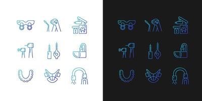 icônes de gradient de visite dentaire définies pour le mode sombre et clair. appareils orthodontiques. extraction dentaire. ensemble de symboles de contour de ligne mince. collection d'illustrations vectorielles isolées en noir et blanc vecteur