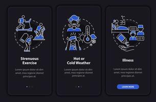 augmentation de la consommation de fluide écran sombre de la page de l'application mobile d'intégration. Procédure pas à pas de réhydratation Instructions graphiques en 3 étapes avec concepts. modèle vectoriel ui, ux, gui avec illustrations linéaires en mode nuit