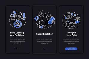 régime alimentaire pour les personnes atteintes de tdah, écran de la page de l'application mobile d'intégration. procédure pas à pas de réglementation du sucre instructions graphiques en 3 étapes avec concepts. modèle vectoriel ui, ux, gui avec illustrations linéaires en mode nuit