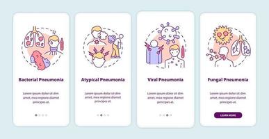 écran de la page de l'application mobile d'intégration des types de pneumonie. Procédure pas à pas pour les infections bactériennes et virales Instructions graphiques en 4 étapes avec concepts. modèle vectoriel ui, ux, gui avec illustrations couleur linéaires