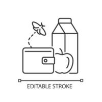 pas d'argent pour l'icône linéaire de nourriture. la pauvreté et la faim. manque d'alimentation. ne peut pas se permettre un repas. illustration personnalisable en ligne mince. symbole de contour. dessin de contour isolé de vecteur. trait modifiable vecteur