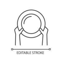 demandant une icône linéaire de nourriture. pauvreté et famine. manque d'alimentation. l'insécurité alimentaire. illustration personnalisable en ligne mince. symbole de contour. dessin de contour isolé de vecteur. trait modifiable vecteur