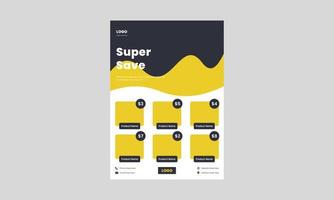 modèle de conception de flyer de vente de supermarché. grande vente enregistre maintenant le modèle de flyer. dépliant super boutique de couleur jaune avec le catalogue de produits. vecteur