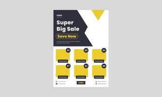 modèle de conception de flyer de vente de supermarché. grande vente enregistre maintenant le modèle de flyer. dépliant super boutique de couleur jaune avec le catalogue de produits. vecteur