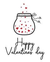carte de voeux de vecteur joyeuse saint valentin. illustration d'un bocal en verre avec des coeurs dans un style doodle. carte postale minimaliste pour la saint valentin.