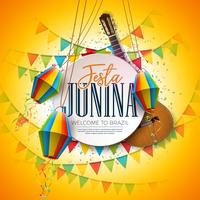 Festa Junina Illustration avec guitare acoustique, drapeaux de fête et lanterne en papier sur fond jaune. Typographie sur table en bois vintage. Conception de festival de vecteur traditionnel Brésil juin