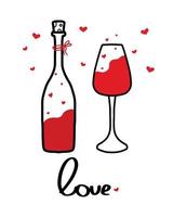 affiche de vecteur avec une bouteille et un verre de vin. jolie affiche de vin pour la saint valentin. style de griffonnage. affiche minimaliste.