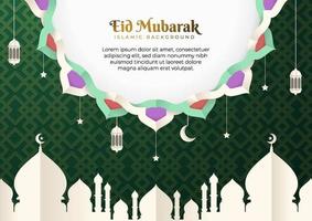 fond de carte de voeux eid mubarak vector design. illustration eid al fitr dans un style découpé en papier avec mosquée, croissant, lanterne, ornement arabesque. adapté aux modèles de célébration islamique.