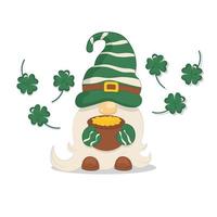 gnome mignon dans un chapeau vert à rayures blanches avec un pot d'or et un trèfle à quatre feuilles st patricks day vecteur