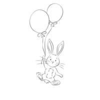 mignon lapin de pâques volant sur des ballons dans un style doodle vecteur