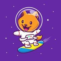 astronaute de chat mignon surfant dans l'illustration de l'icône de vecteur de dessin animé de l'espace. concept d'icône de technologie animale isolé vecteur premium. style de dessin animé plat.